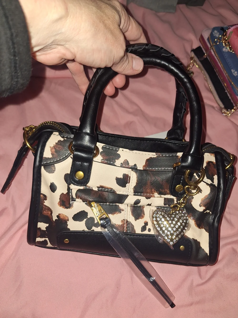 Steve Madden Black and Cream Cow Print Satchel